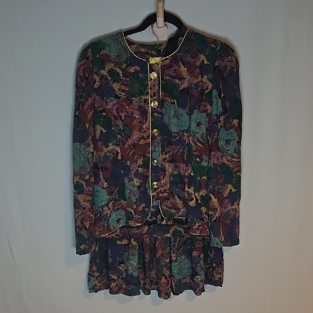 Colorful Floral Button Up Blouse and Skirt Set